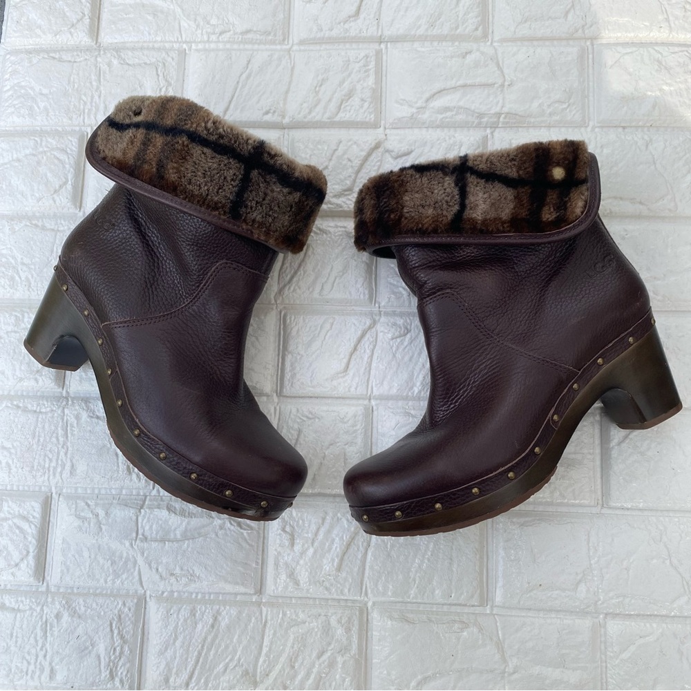 UGG Cora Lynn Plaid Brown Leather Clog Booties 8